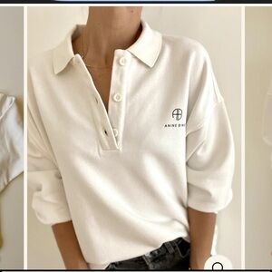 ANINE BING TATUM POLO SWEATSHIRT IVORY REVOLVE $200 casual logo spring pullover
